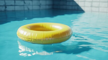 Bright yellow inflatable pool float ring gently bobbing on the surface of a clear blue swimming pool water under soft sunlight