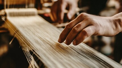 Fingers deftly manipulate threads on a weaving loom, showcasing the intricate process of creating traditional textiles in a vibrant craft workshop filled with natural light