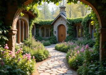 Naklejka premium Charming garden pathway leading to a quaint stone cottage surrounded by lush greenery
