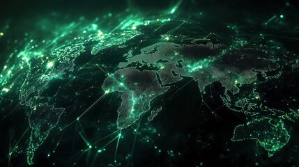 Obraz premium A digital illustration showcases a detailed world map illuminated by bright green connections