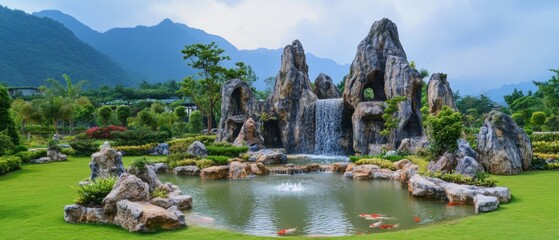 Serene Mountain Garden Waterfall Koi Pond Landscape