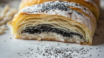 flaky croissant sliced open to reveal layers of black sesame cream and a dusting of powdered sugar on top.