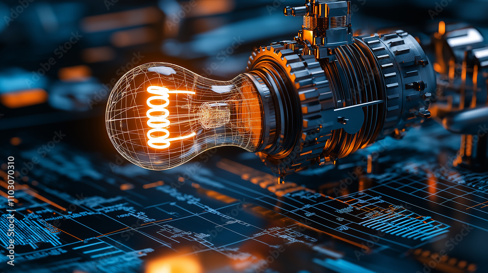 Poster glowing lightbulb symbolizing innovation and technology on blueprint background. intricate design showcases creativity and modern engineering