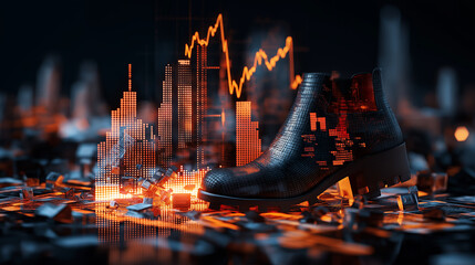 stylish black boot stands prominently against backdrop of digital cityscapes and fluctuating graphs, symbolizing fashion and technology