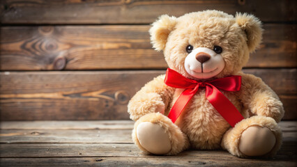 Teddy bear with red ribbon on rustic wooden surface