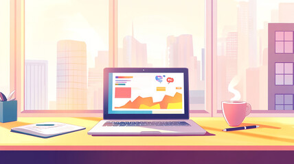 Fototapeta premium A minimalist office desk featuring an open laptop displaying colorful charts and graphs, surrounded by a notebook, sleek pen, and a cup of steaming coffee