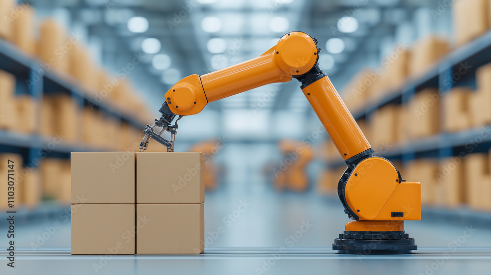 Leinwandbilder robotic arm is efficiently assembling products in modern industrial warehouse. bright orange color o