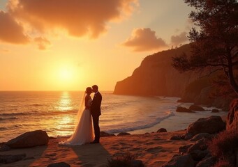Fototapeta premium Couple shares a romantic kiss during sunset on the beach near cliffs and waves