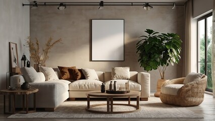 Modern living room interior with beige sofa, coffee table, plant, and a blank white canvas on the wall. Cozy and light-filled space. 3D Rendering, 8k Resolution