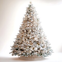 A stunning Christmas tree adorned with luxurious ornaments and twinkling lights, elegantly presented with a serene white background, highlighting the details and textures of the decorations, perfect