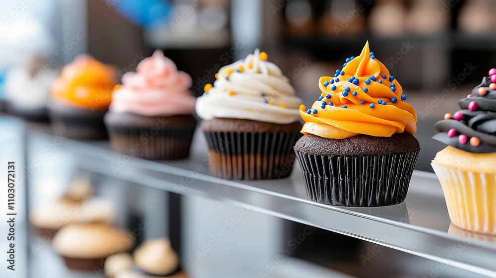 Poster delicious cupcakes with colorful frosting and sprinkles displayed on shelf, showcasing variety of fl