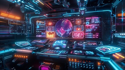 Obraz premium Futuristic Spaceship Interior with Neon Lights and Advanced Technology
