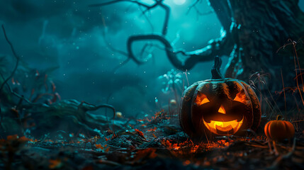 Naklejka premium Mysterious fog enveloping a dark alley, adorned with Halloween decorations.