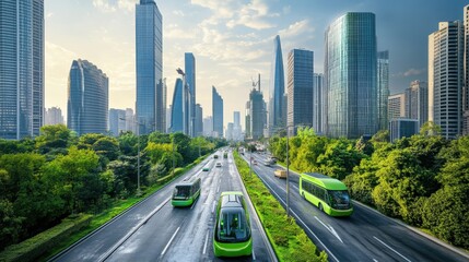 Obraz premium Vibrant city features sleek buildings, eco-friendly buses, and trams moving along tree-lined roads under a clear blue sky, highlighting sustainability in urban design