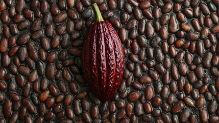 Ripe cocoa pod resting on a textured bed of cocoa beans, showcasing rich colors and natural patterns of the cacao fruit and seeds.