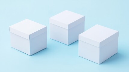 Obraz premium Three blank paper boxes neatly positioned on a soft pastel blue background, perfect for displaying packaging designs or product presentations.