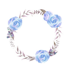 水彩で描いた青い薔薇の円形フレーム