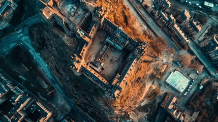 Aerial view of a large construction site showcasing geometric patterns. The site is surrounded by urban landscape. Captivating perspective highlights ongoing development. Generative AI
