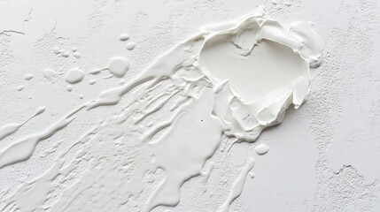 Spilled white liquid on a textured light surface with irregular patterns and flowing edges, viewed from above, highlighting fluid movement and surface detail.