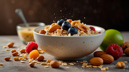 oatmeal in a bowl with nuts and fruits, milk drops and splashes