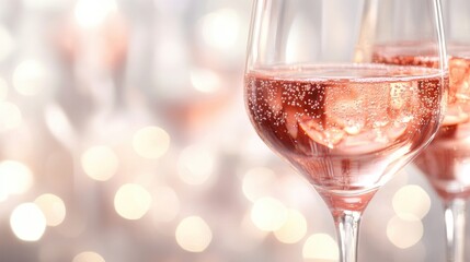 Rose sparkling wine glasses with shimmering bokeh lights in a festive setting, creating a celebratory ambiance, perfect for special occasions and customizable text space.
