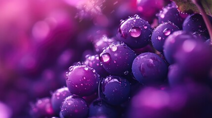 Macro shot of glistening droplets on rich purple grapes, showcasing morning dew in a vibrant vineyard setting with enhanced color details.
