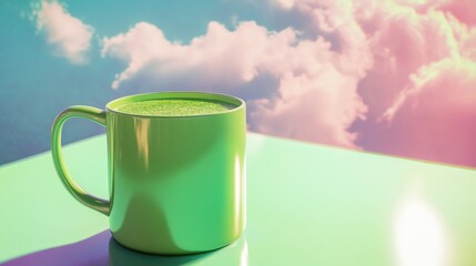 Obraz premium Vibrant green beverage in a sleek mug with a glossy finish, set against a dreamy pastel sky with fluffy clouds in a whimsical atmosphere.