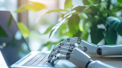 Close up of robot hand typing on laptop plant on background generated.AI