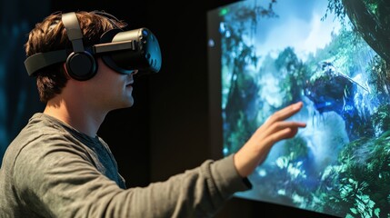 A man wearing a virtual reality headset reaches out with one hand while engaging with a vivid, immersive forest scene displayed on a large screen nearby. He appears focused and captivated