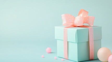 Pastel gift box with a polka dot ribbon, ideal for celebrations, featuring a customizable banner for personalized messages and playful decor elements.
