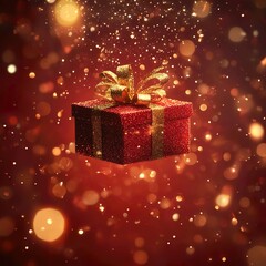 A magical Christmas gift box, floating amidst a shower of gold and red sparkles