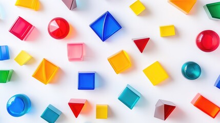 Colorful geometric game pieces scattered on a clean white surface, symbolizing social inclusion and playful interaction in a vibrant visual display.