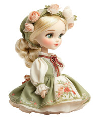 A doll wearing a green dress and a flowery hat Transparent Background