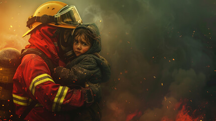 Obraz premium Brave firefighter rescuing a young child amidst heavy smoke and flames, showcasing heroism and emergency response