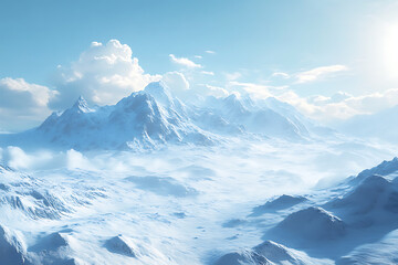 Obraz premium Majestic snow-covered mountains under a clear blue sky, with soft sunlight reflecting off the icy peaks. A serene and timeless winter wonderland