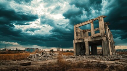 Fototapeta premium Incomplete building structure under a moody sky, highlighting the challenges of construction with scattered debris and a sense of abandonment.