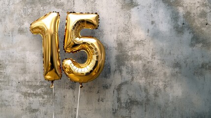 Elegant golden foil balloon shaped as the number 15 on a textured concrete backdrop, ideal for an anniversary celebration banner with customization space.
