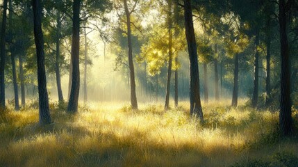 Obraz premium Serene forest scene with blurred green trees, vibrant wild grass, and sunlight filtering through, creating a tranquil and magical atmosphere.