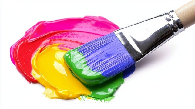 A vibrant brush dipped in colorful paint creates a stunning masterpiece. Bright hues blend together to form a lively palette. Creativity bursts forth. Generative AI