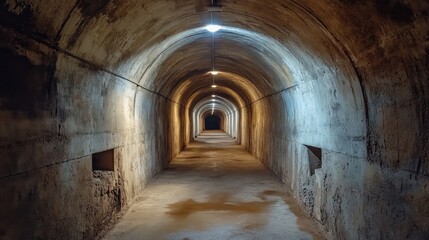 Obraz premium Vaulted underground tunnel with concrete walls and dim lighting, showcasing a historical shelter's architectural design and atmosphere.