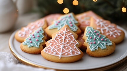 Obraz premium Delightful watercolor iced Christmas cookies adorned with bohemian patterns, featuring pastel colors and intricate designs on a festive plate.