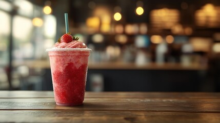 Iced strawberry frappe in a clear cup with a blue straw, set on a wooden counter, against a blurred contemporary cafÃ© backdrop highlighting takeaway options.