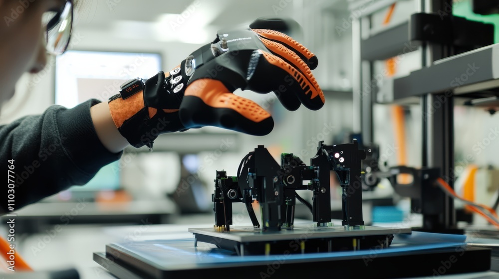 Poster a person uses virtual reality gloves to manipulate robotic components on a work surface in a technol