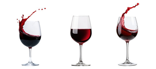 set of elegant wine glasses filled with red wine isolated on transparent background.