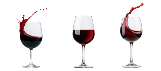 set of elegant wine glasses filled with red wine isolated on transparent background.