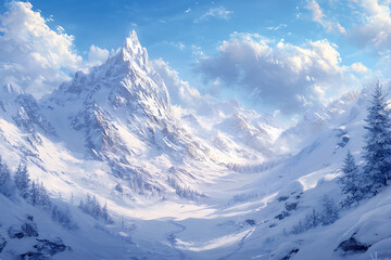 Fototapeta premium Majestic snow-covered mountains under a clear blue sky, with soft sunlight reflecting off the icy peaks. A serene and timeless winter wonderland