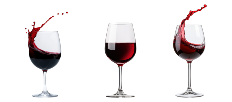 set of elegant wine glasses filled with red wine isolated on transparent background.