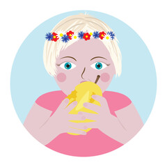 A beautiful Ukrainian girl with a wreath on her head eating a pear. Vector illustration in flat style.