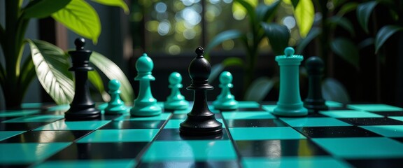 A black and blue chess set with a green leaf in the background. Scene is serene and tranquil, as the chess pieces are arranged in a way that suggests a moment of contemplation and focus