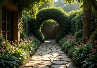 Obraz premium Beautiful garden pathway surrounded by lush greenery and blooming flowers in daylight